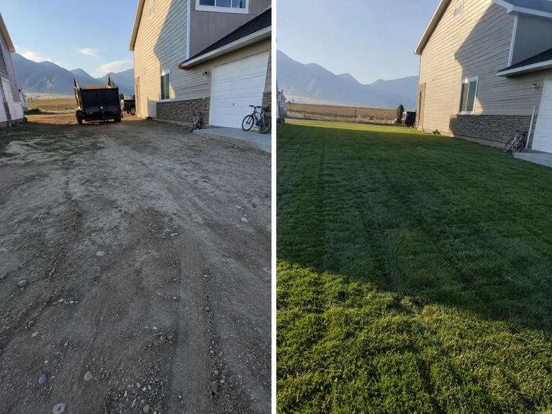 A bare builder-dirt yard in a new Utah subdivision transformed into a finished green lawn