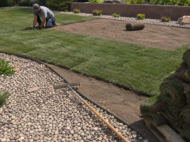 Fresh sod rolls being laid over prepped topsoil on a Grantsville lawn