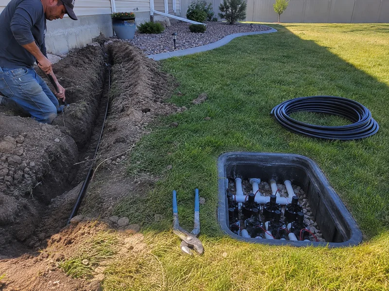 New sprinkler lines being trenched across a Utah yard with the valve manifold box open