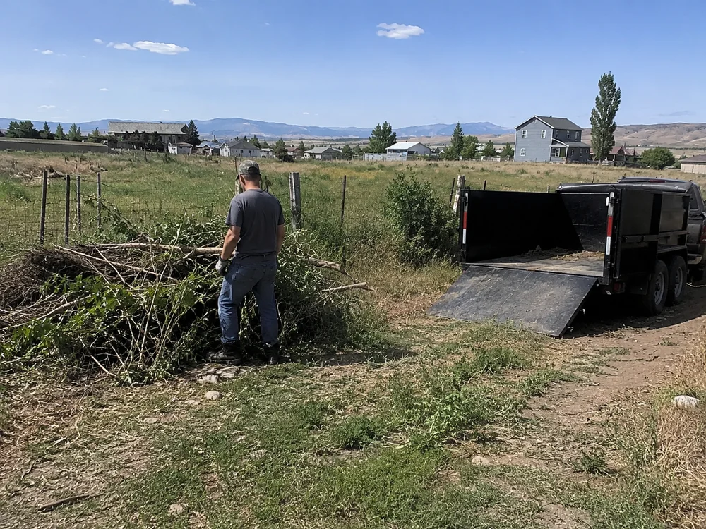 Cleared rural Utah lot with brush and debris piled ready for haul-off