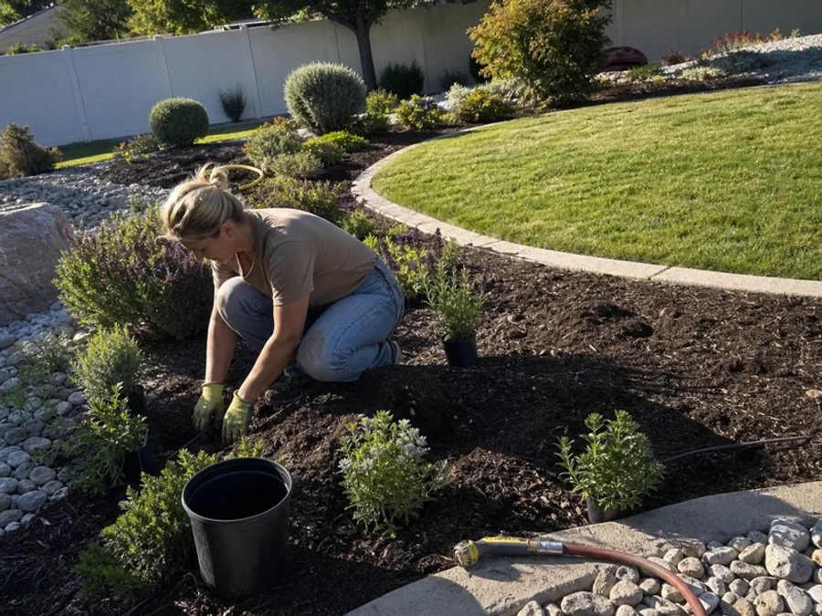 Designed Utah front yard with layered drought-tolerant planting and curved bed lines