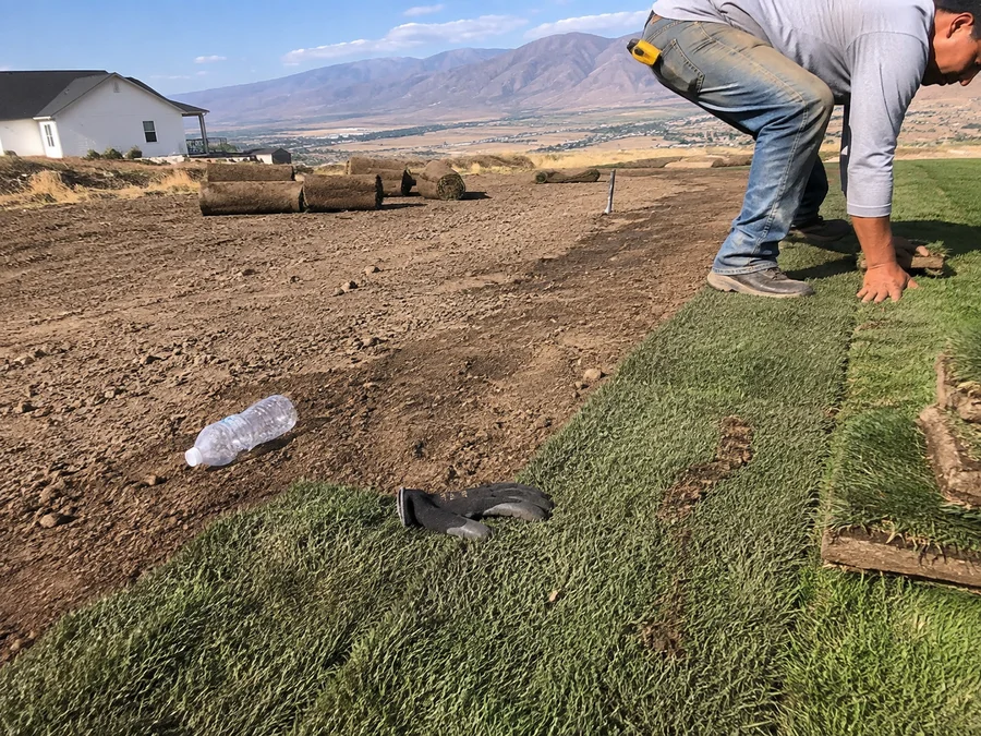 Fresh sod being fitted edge to edge over prepped topsoil on a new-build lawn