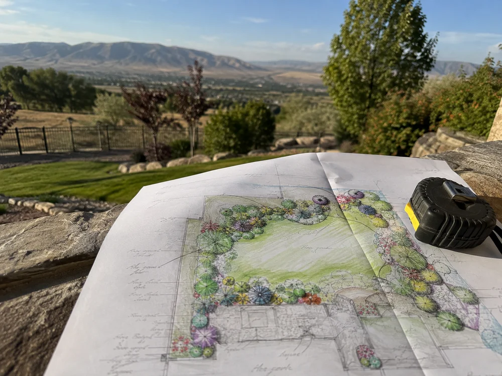 A hand-drawn landscape plan with plant labels and a tape measure resting on it
